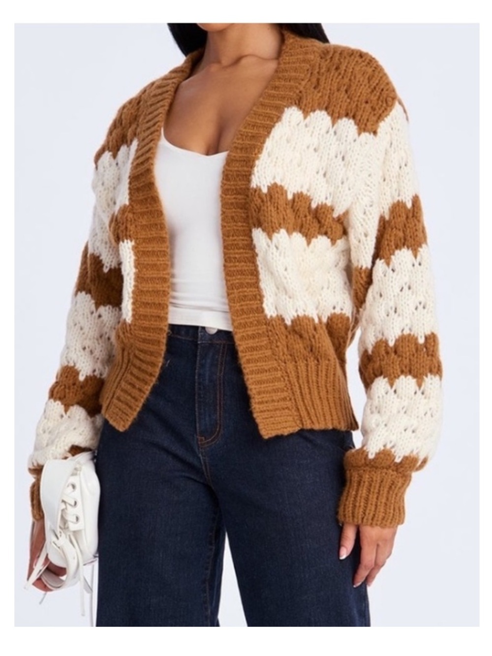 🟤NWT HYFVE Chunky Cozy Scalloped Striped Open Front Cardigan in Brown/Ivory